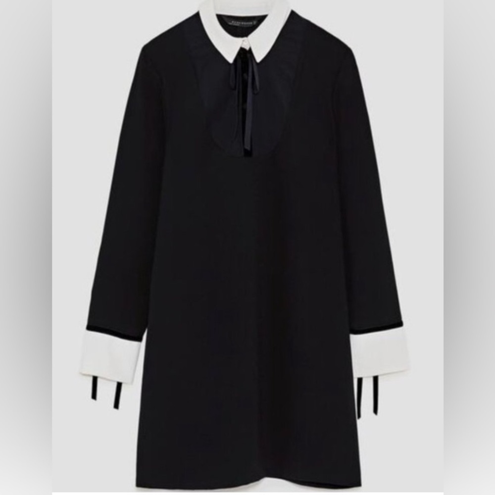 Zara Velvet Bow Black Mini Contrast Collar Dress size L - Picture 2 of 7